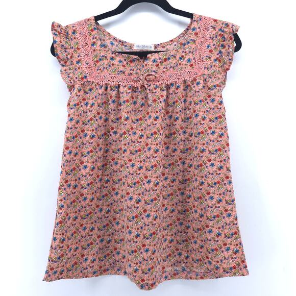 Womens Cottage Micro Floral Babydoll Tee Flutter Sleeve Lace Bow Keyhole Back S - Picture 1 of 11